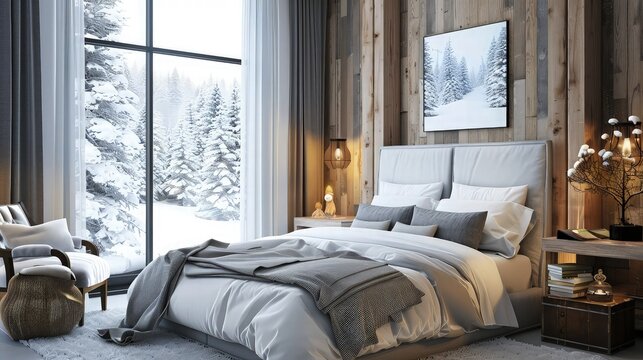  Beasutiful bedroom with winter scenery in a hotel.