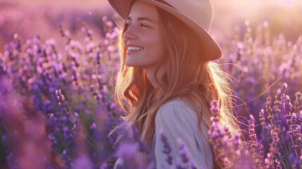 A joyful scene unfolds as a happy Caucasian woman, with long flowing hair and a stylish hat, strolls through a vibrant purple lavender flowers field. 