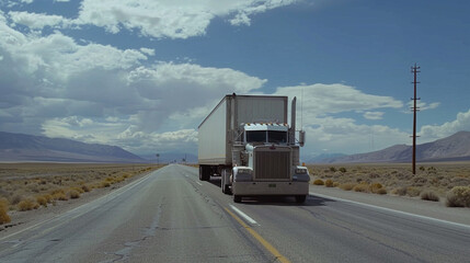 A massive semi-truck gracefully traversing the vast landscapes of the southwest United States on a deserted road. The HD camera captures the truck's power against the open horizon.