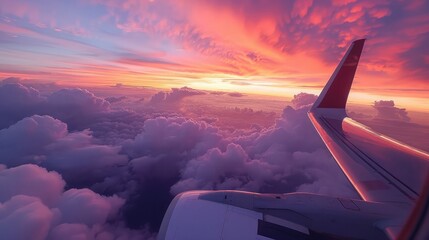 Airplane flying over color sky clouds during scenic sunset or sunrise cloudscape, view from plane...
