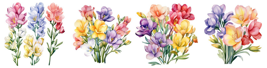 Obraz na płótnie Canvas Watercolor freesia clipart with fragrant blooms in vario