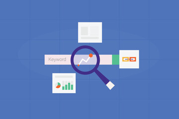 Enter keyword in search bar, Search engine displaying search results, Search engine optimization, SEO link building, content marketing, vector illustration with icons - obrazy, fototapety, plakaty