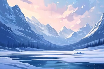 A winter scene with snow falling over mountains. Generative AI.