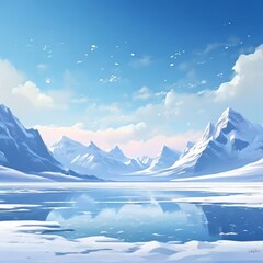A winter scene with snow falling over mountains. Generative AI.