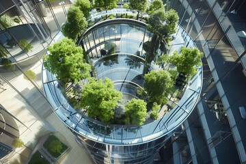 Green Urban Haven: Glass Tower with a Circular Open-Air Atrium