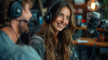 Happy female record a podcast with headphones smiling and looking on male guest while interviewing for online show in studio. - obrazy, fototapety, plakaty