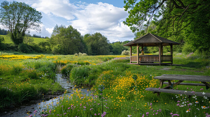 Obraz premium A picturesque countryside picnic area, with a wooden gazebo, a babbling brook, and rolling hills blanketed with wildflowers, perfect for a leisurely afternoon outing.