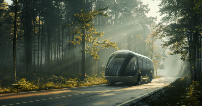 Solarpowered bus with gentle elephant curves and textures, moving through a forested road, early morning mist