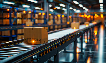 Efficient Logistics: Automated E-commerce Conveyor Belt Moving Cardboard Packages in Distribution Warehouse