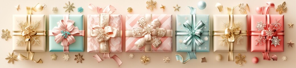 Row of decorated shopping bags celebrating Mother's Day with beautiful pattern of pastel colors on light background as 3D rendering illustration for high resolution banner design