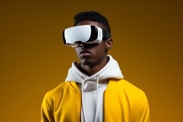 Obraz premium A black man in a yellow theme shirt is presenting the new modern designed virtual reality glasses as a commercial advertising on his head with a friendly smile. Generative AI.