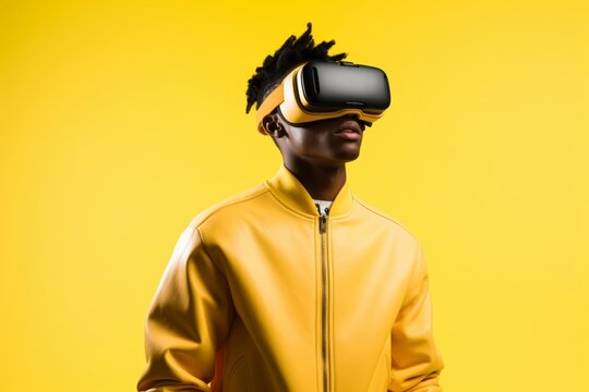 A black man in a yellow theme shirt is presenting the new modern designed virtual reality glasses as a commercial advertising on his head with a friendly smile. Generative AI.