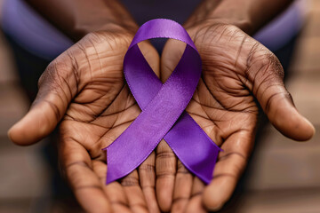 Close up of elderly black man's hands holding large purple Alzheimer disease awareness ribbon - obrazy, fototapety, plakaty