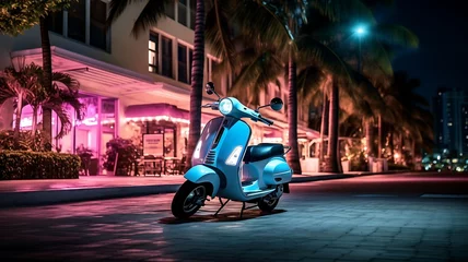Poster Vintage scooter at night in Miami, Florida, USA © MahmudulHassan