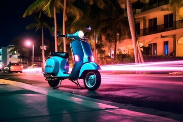 Vespa scooter parked in Miami Beach at night