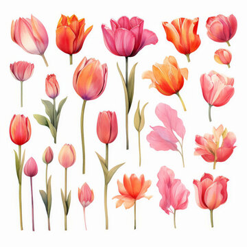 Watercolor tulip clipart in different shades of pink red isolated on transparent background	