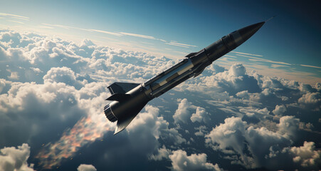 An aerial view of an air-to-air missile in flight, showcasing its sleek design and high-speed motion against the backdrop of clouds