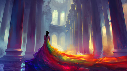 Fantasy Art of a Woman Wearing a Long Rainbow-Color Gown Standing in a Vast Castle Corridor