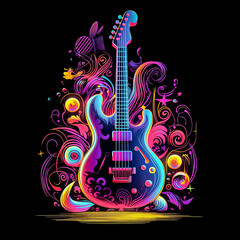 A colorful guitar is shown in a photo with smoke in the background.