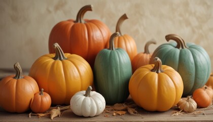 handmade plaster pumpkins. Banner for autumn seasonal holidays background. DIY craft pumpkins for Halloween, thanksgiving, fall decoration