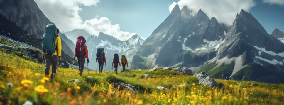 Group of hikers with backpacks and walking sticks is hiking in the mountains, surrounded by green meadows and yellow flowers.