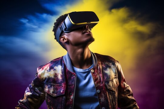 A black man in a blue pink magenta and yellow theme shirt is presenting the new modern designed virtual reality glasses as a commercial advertising on his head with a friendly smile.