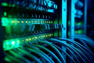 Fiber optic cables connected to servers in a data center