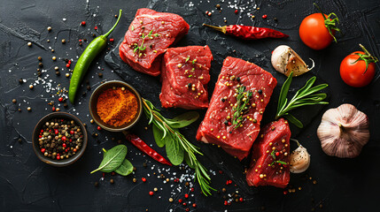 Raw beef steaks with various spices