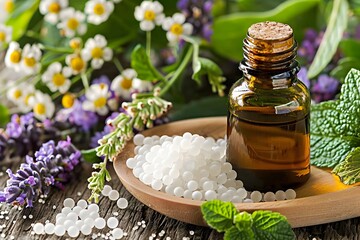 Fototapeta na wymiar Artisanal Homeopathic Remedies and Organic Essential Oils for Holistic Wellness and Natural Skincare Treatments