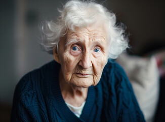 Expressive Portrait of an Elderly Woman with White Hair in Deep Thought