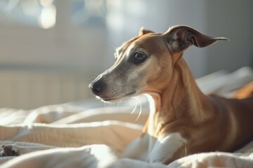 Whippet dog lies on a fluffy light carpet in a bright room