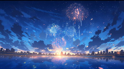 fireworks over the lake - obrazy, fototapety, plakaty