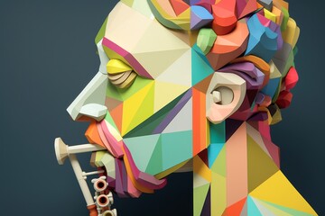 Craft a portrait of a musician lost in thought while practicing scales on their clarinet   low poly