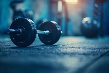 Dumbbell used in weight training on gym floor - obrazy, fototapety, plakaty
