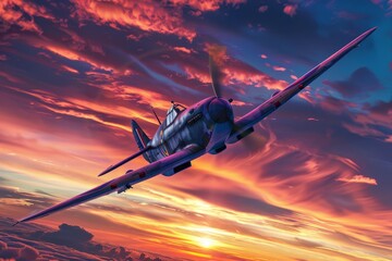 A fighter plane soaring through a fiery sunset