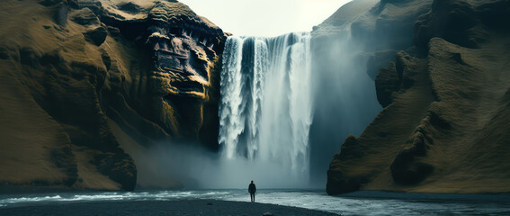 A cinematic photo of Skogafoss in Iceland, waterfall with water pouring down the cliffside, a...