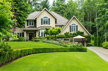 A beautiful home with a lush green lawn and trees in the background, showcasing an inviting front yard with neatly trimmed hedges around it