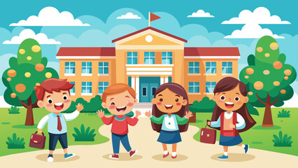 Obraz na płótnie Canvas free-vector-happy-students-outside-school-building