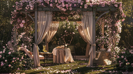 A romantic picnic scene in a secluded garden gazebo, draped with billowing curtains and fragrant blooms, creating an intimate setting for a special celebration.