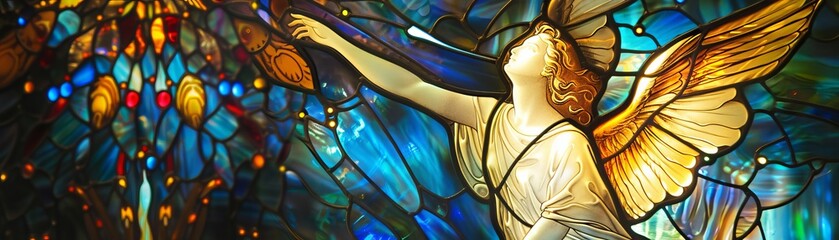 An intricate stained glass panel featuring an angel guiding lost souls bathed in ethereal light - obrazy, fototapety, plakaty