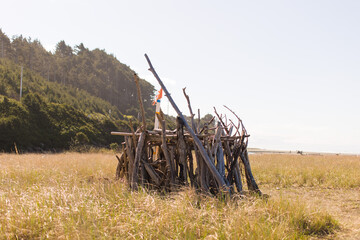 Rustic driftwood fort on a sunlit coastal meadow