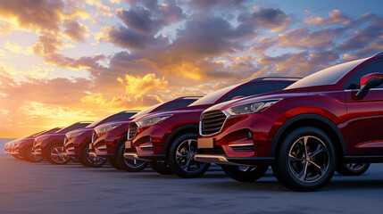 Evening Light Reflecting on a Red SUV Amongst a Row of Cars - obrazy, fototapety, plakaty