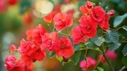 Close up of red blooming flowers on vines in a garden