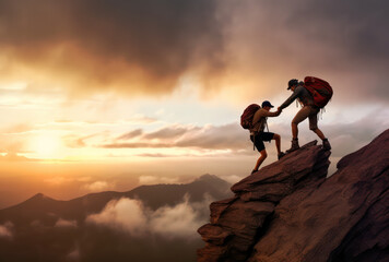 Two hikers helping each other reach the top of a mountain cliff against a sunset sky with cloud...
