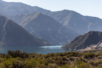 Potrerillos lake and reservoir and pre-andes mountains in Mendoza