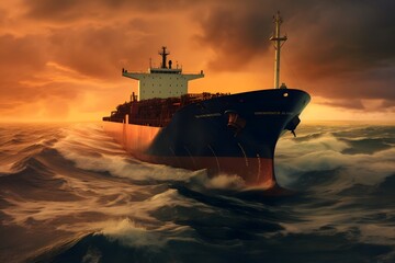 Fototapeta premium Large tanker ship sailing in the sea at sunset