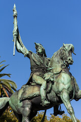 Historic equestrian statue in Plaza de Mayo, Buenos Aires - obrazy, fototapety, plakaty