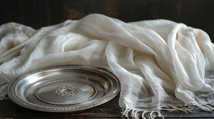 Round silver platter besides silk scarf on table