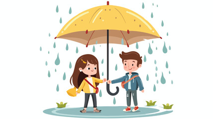 Boy and girl standing in the rain under one big umber