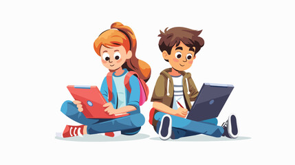 Boy and girl studying together with tablet computer 